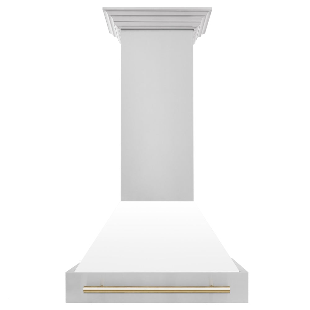 ZLINE Autograph Edition 30 in. Stainless Steel Range Hood with White Matte Shell and Polished Gold Handle (8654STZ-WM30-G)