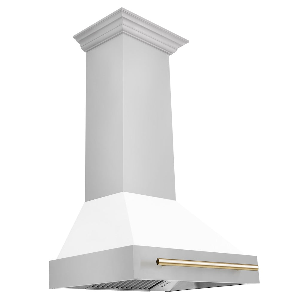 ZLINE Autograph Edition 30 in. Stainless Steel Range Hood with White Matte Shell and Polished Gold Handle (8654STZ-WM30-G)