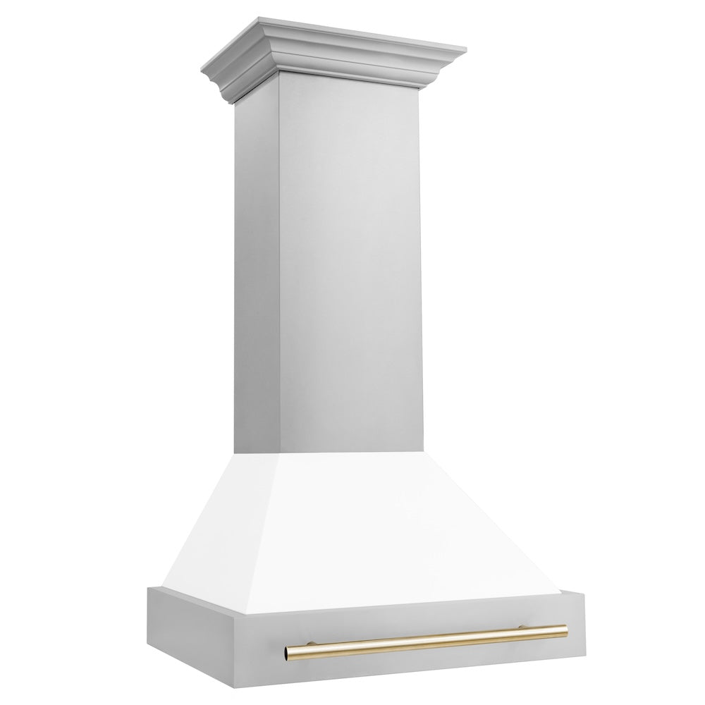 ZLINE Autograph Edition 30 in. Stainless Steel Range Hood with White Matte Shell and Polished Gold Handle (8654STZ-WM30-G)