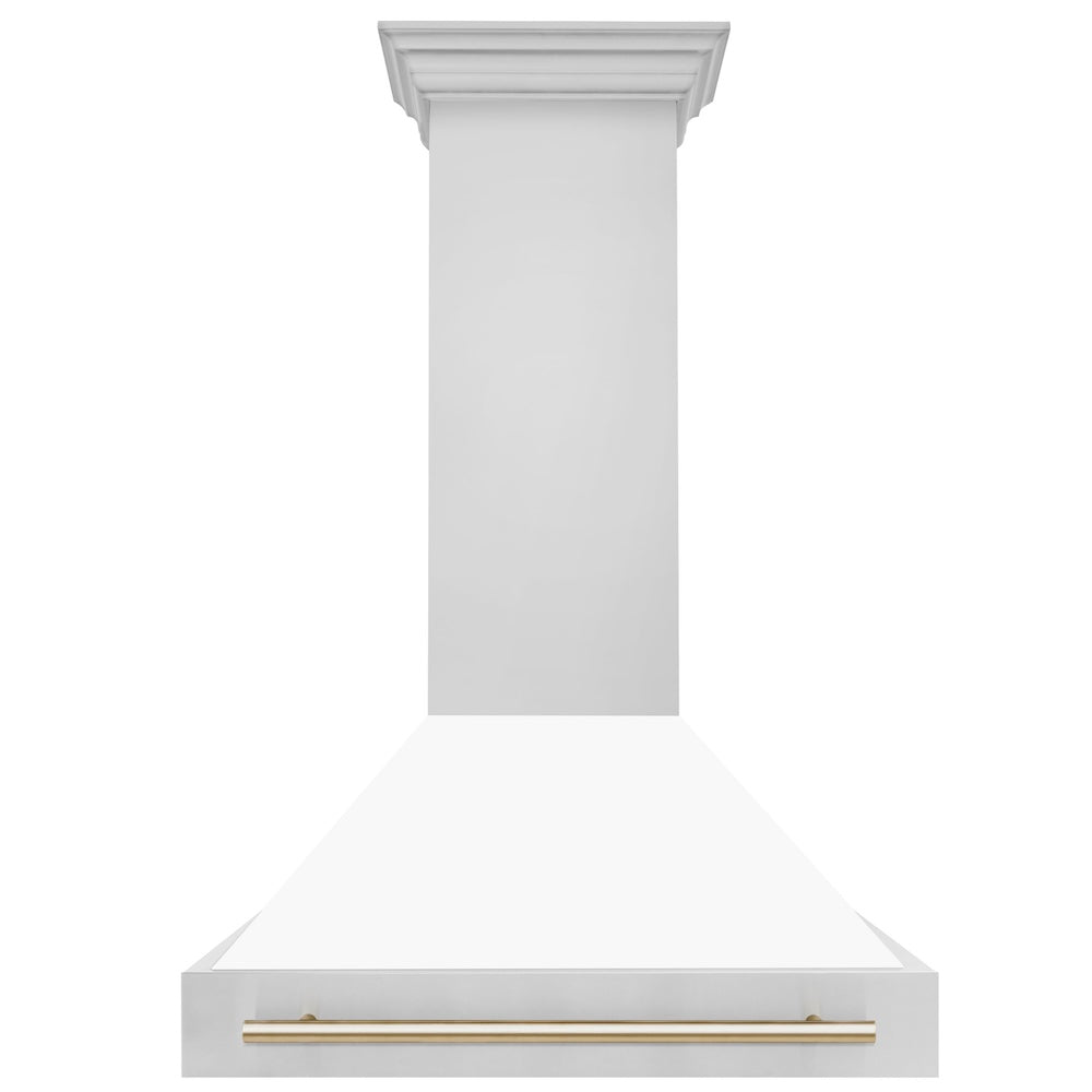 ZLINE Autograph Edition 36 in. Stainless Steel Range Hood with White Matte Shell and Polished Gold Handle (8654STZ-WM36-G)