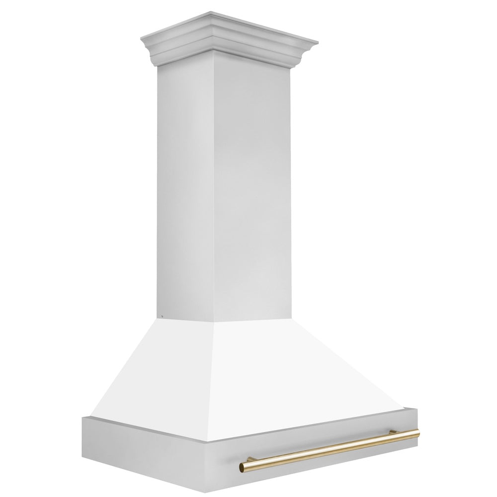 ZLINE Autograph Edition 36 in. Stainless Steel Range Hood with White Matte Shell and Polished Gold Handle (8654STZ-WM36-G)