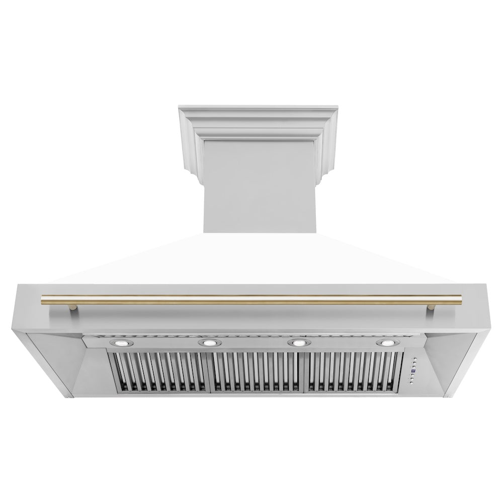 ZLINE Autograph Edition 48 in. Stainless Steel Range Hood with White Matte Shell and Polished Gold Handle (8654STZ-WM48-G)