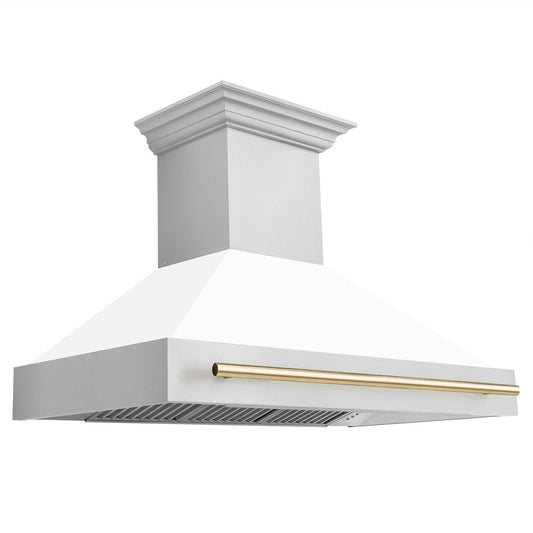 ZLINE Autograph Edition 48 in. Stainless Steel Range Hood with White Matte Shell and Polished Gold Handle (8654STZ-WM48-G)