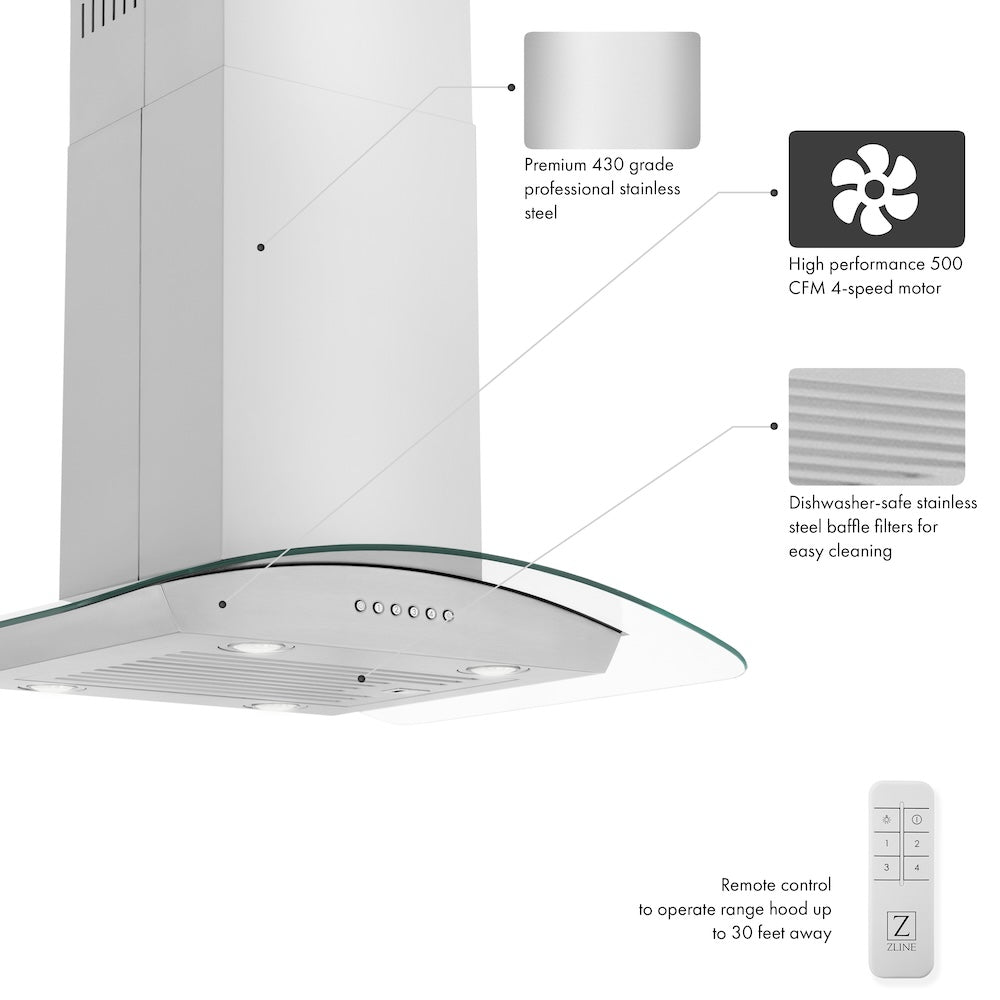 ZLINE 36 in. Alpine Series Convertible Island Mount Range Hood in Stainless Steel and Glass (ALP70IS-36)