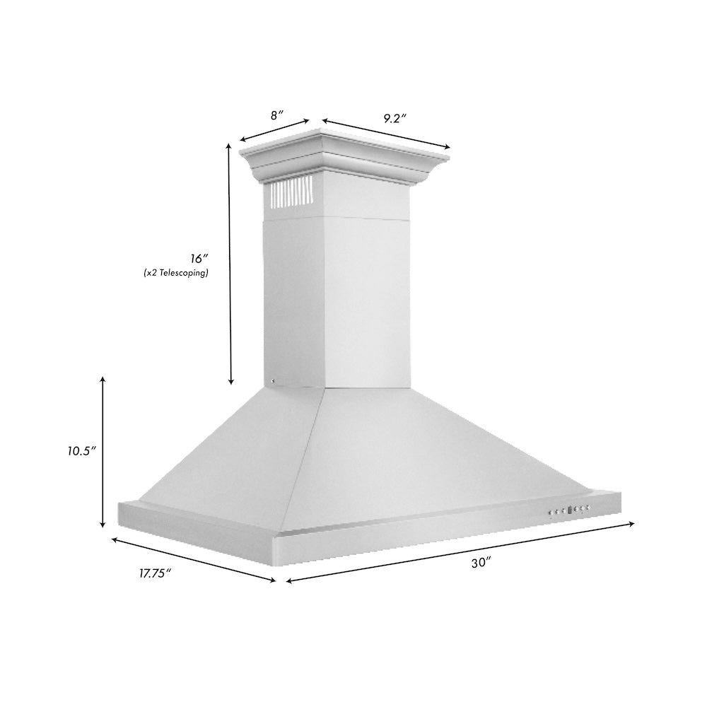 ZLINE 30 in. Convertible Vent Wall Mount Range Hood in Stainless Steel with Crown Molding (KBCRN-30)