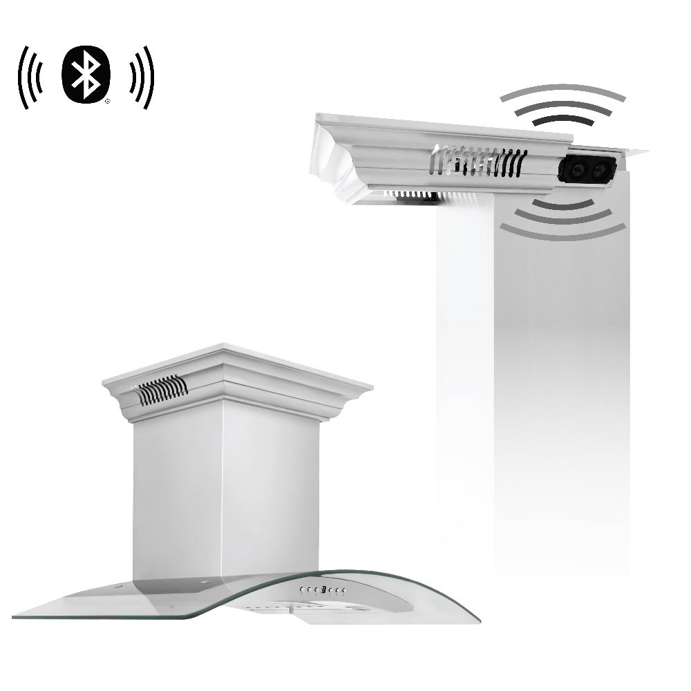 ZLINE 30 in. CrownSound™ Ducted Vent Wall Mount Range Hood in Stainless Steel and Glass with Built-in Bluetooth Speakers (KN4CRN-BT-30)