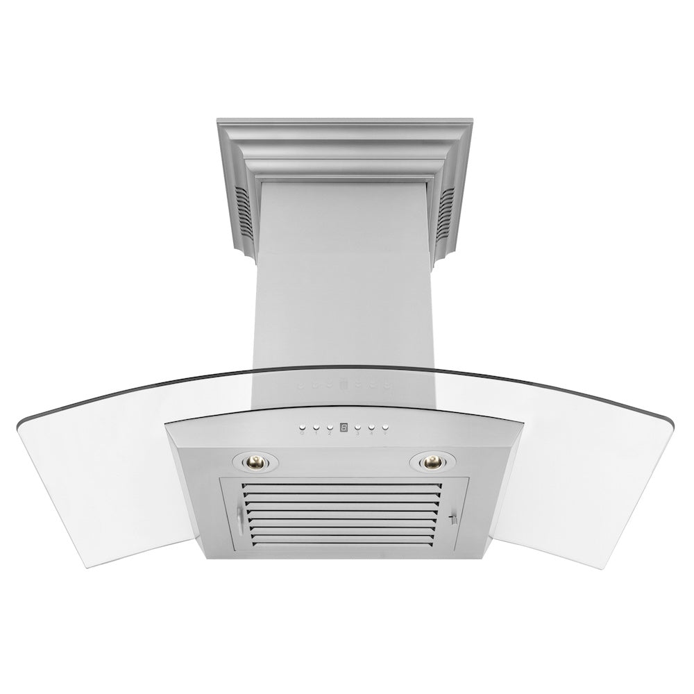 ZLINE 36 in. CrownSound™ Ducted Vent Wall Mount Range Hood in Stainless Steel and Glass with Built-in Bluetooth Speakers (KZCRN-BT-36)
