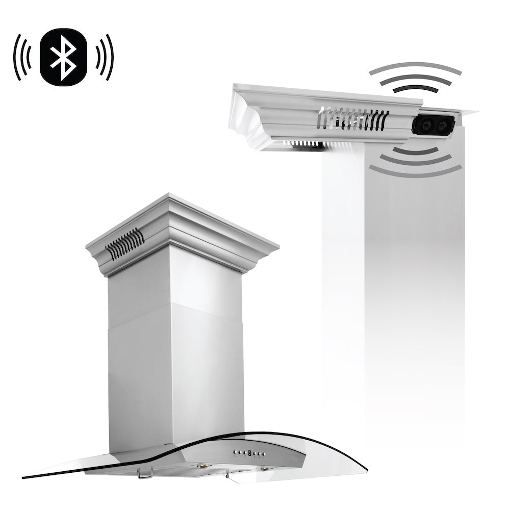 ZLINE 36 in. CrownSound™ Ducted Vent Wall Mount Range Hood in Stainless Steel and Glass with Built-in Bluetooth Speakers (KZCRN-BT-36)