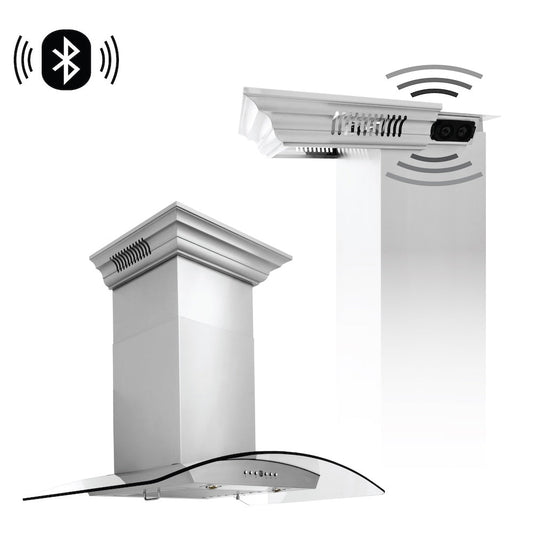 ZLINE 36 in. CrownSound™ Ducted Vent Wall Mount Range Hood in Stainless Steel and Glass with Built-in Bluetooth Speakers (KZCRN-BT-36)