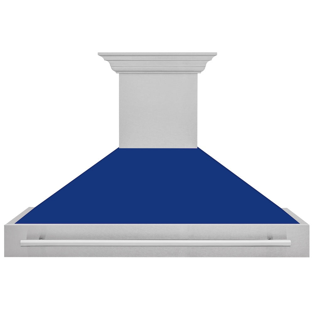 ZLINE 48 in. Satin Stainless Steel Wall Mount Range Hood with Blue Gloss Shell and Stainless Steel Handle (8654SNX-BG48)