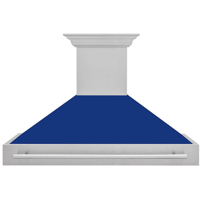 ZLINE 48 in. Satin Stainless Steel Wall Mount Range Hood with Blue Gloss Shell and Stainless Steel Handle (8654SNX-BG48)