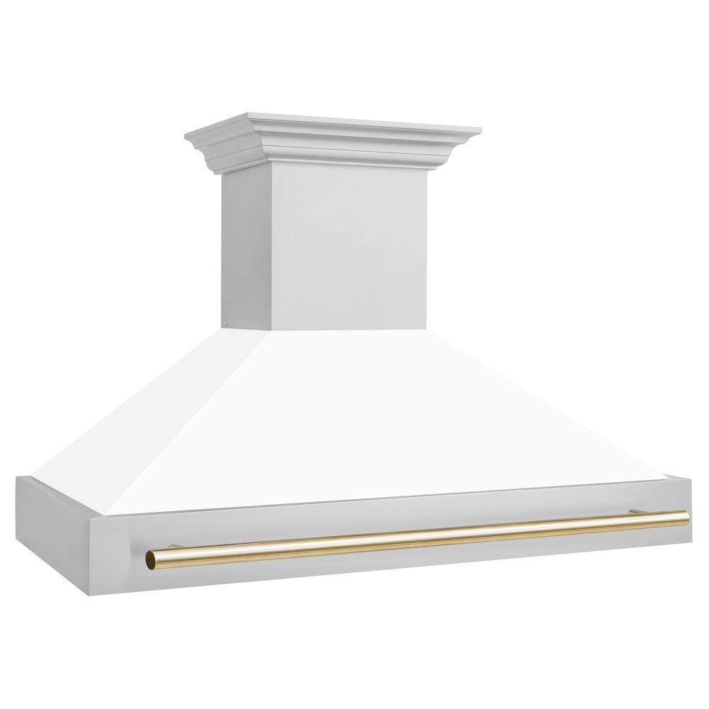 ZLINE Autograph Edition 48 in. Stainless Steel Range Hood with White Matte Shell and Polished Gold Handle (8654STZ-WM48-G)