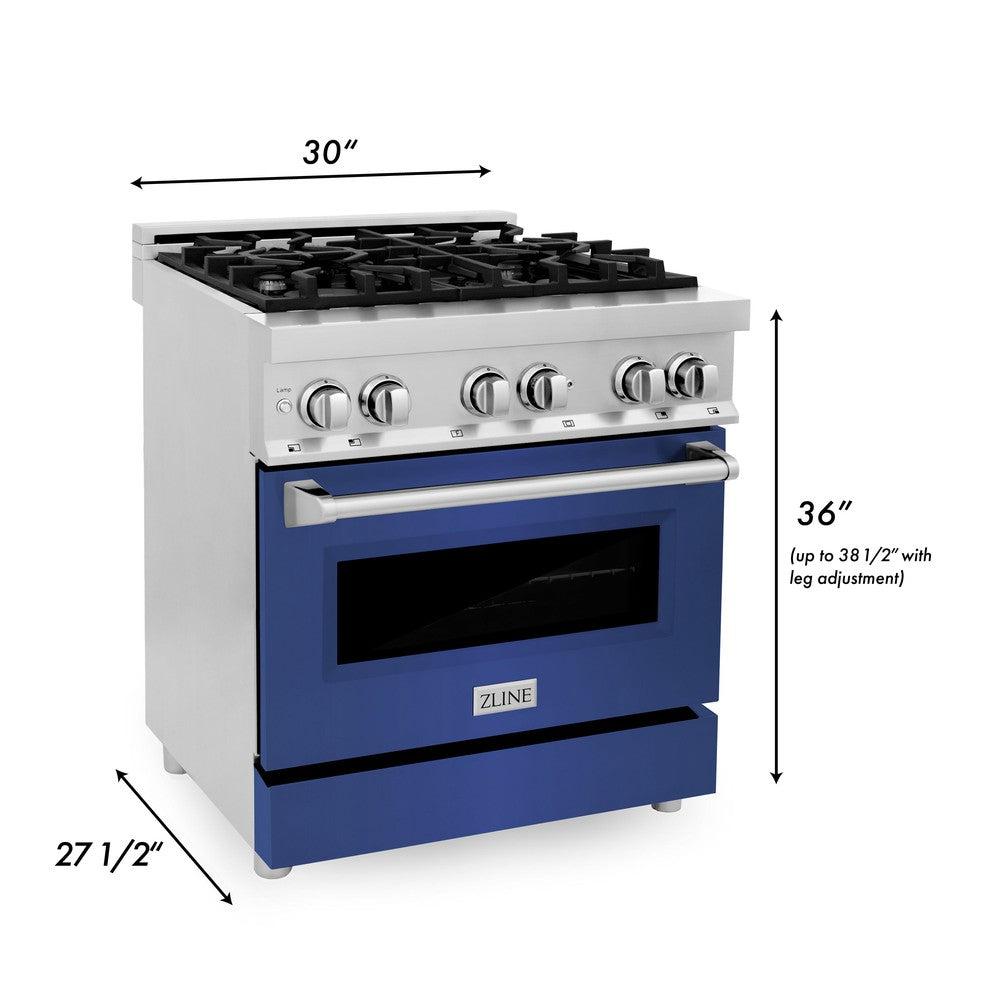 ZLINE 30 in. 4.0 cu. ft. Legacy Dual Fuel Range with 4 Burner Gas Cooktop and Electric Convection Oven in Stainless Steel and Blue Matte Door (RA-BM-30)