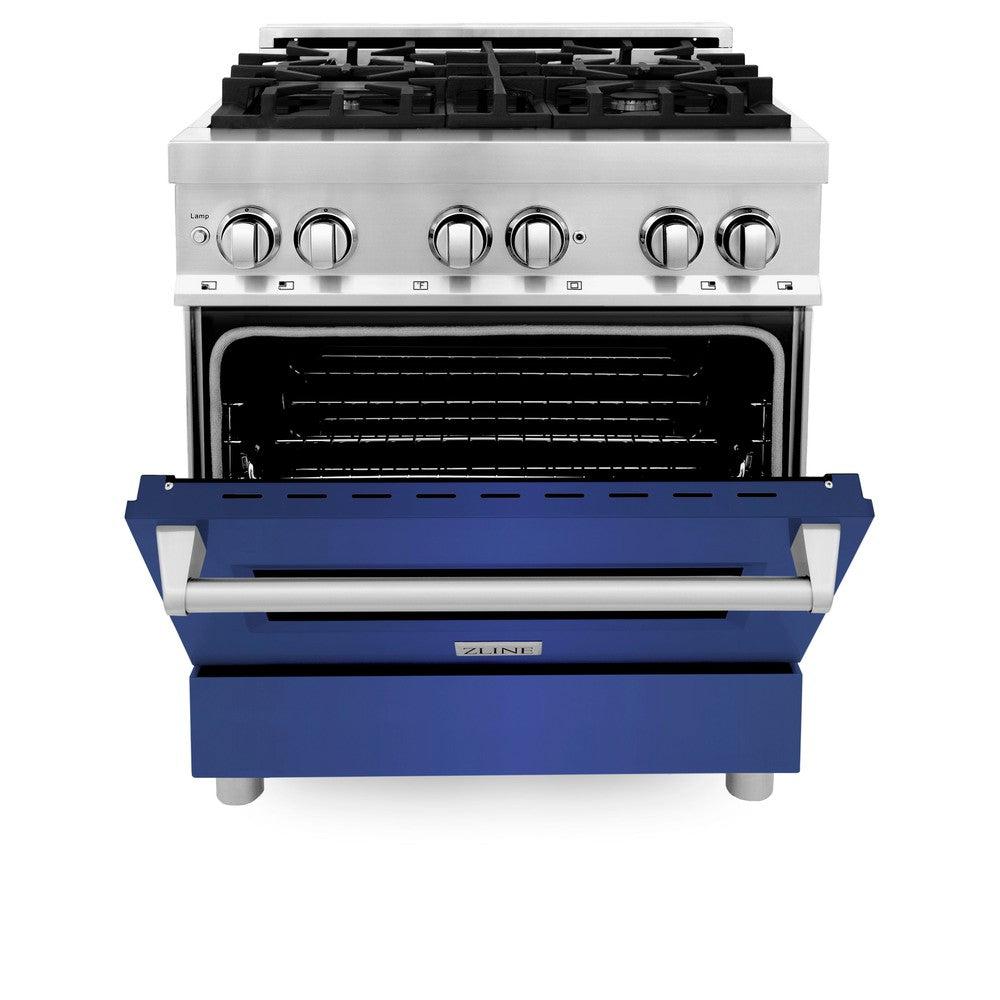 ZLINE 30 in. 4.0 cu. ft. Legacy Dual Fuel Range with 4 Burner Gas Cooktop and Electric Convection Oven in Stainless Steel and Blue Matte Door (RA-BM-30)