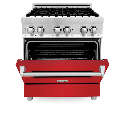 ZLINE 30 in. Kitchen Package with Stainless Steel Dual Fuel Range with Red Matte Door and Convertible Vent Range Hood (2KP-RARMRH30)