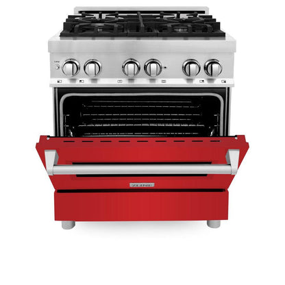 ZLINE 30 in. 4.0 cu. ft. Legacy Dual Fuel Range with 4 Burner Gas Cooktop and Electric Convection Oven in Stainless Steel and Red Matte Door (RA-RM-30)