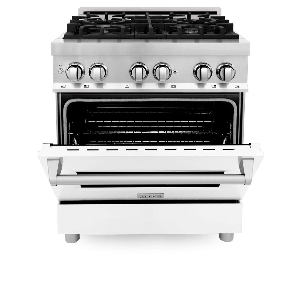ZLINE 30 in. 4.0 cu. ft. Legacy Dual Fuel Range with 4 Burner Gas Cooktop and Electric Convection Oven in Stainless Steel and White Matte Door (RA-WM-30)