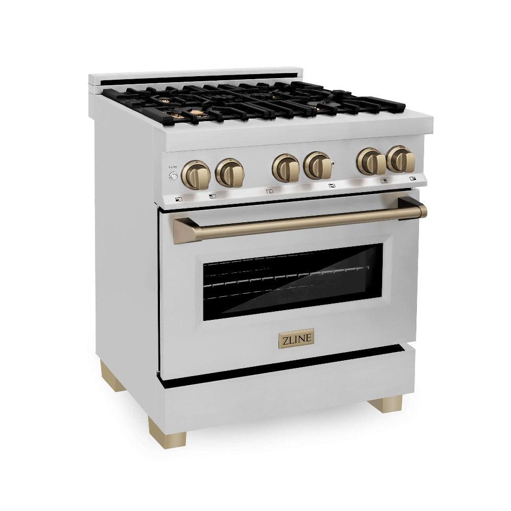ZLINE Autograph Edition 30 in. Kitchen Package with Stainless Steel Dual Fuel Range, Range Hood, Dishwasher, and Refrigerator with External Water Dispenser with Champagne Bronze Accents (4AKPR-RARHDWM30-CB)