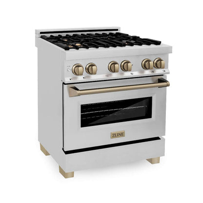 ZLINE Autograph Edition 30 in. Kitchen Package with Stainless Steel Dual Fuel Range, Range Hood, Dishwasher, and Refrigerator with External Water Dispenser with Champagne Bronze Accents (4AKPR-RARHDWM30-CB)