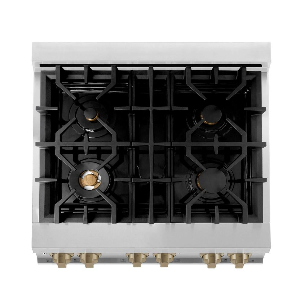ZLINE Autograph Edition 30 in. Kitchen Package with Stainless Steel Dual Fuel Range and Range Hood with Champagne Bronze Accents (3AKP-RARHDWM30-CB)