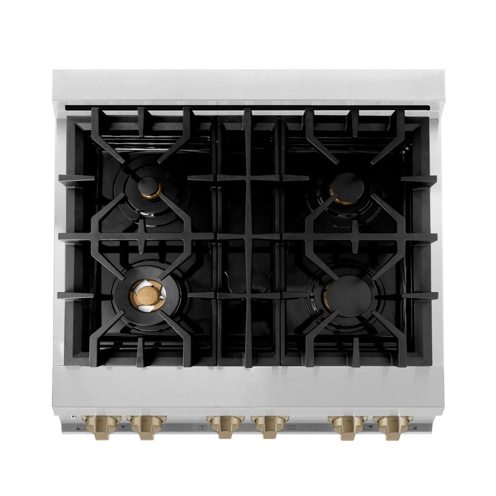 ZLINE Autograph Edition 30 in. Kitchen Package with Stainless Steel Dual Fuel Range and Range Hood with Champagne Bronze Accents (2AKP-RARH30-CB)
