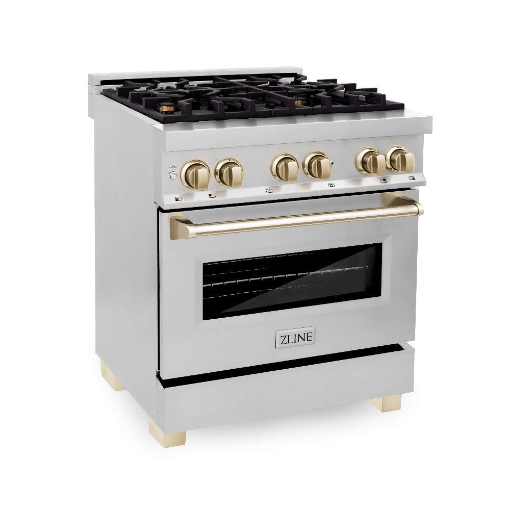 ZLINE Autograph Edition Kitchen Package in Stainless Steel with 30 in. Dual Fuel Range, 30 in. Range Hood, and 24 in. Dishwasher with Polished Gold Accents (3AKP-RARHDWM30-G)