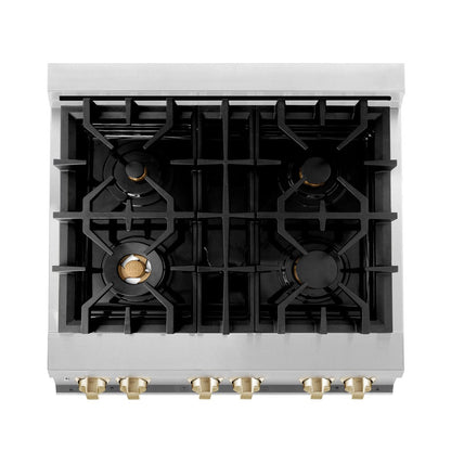 ZLINE Autograph Edition 30 in. Kitchen Package with Stainless Steel Dual Fuel Range, Range Hood, Dishwasher and Refrigerator with Polished Gold Accents (4KAPR-RARHDWM30-G)