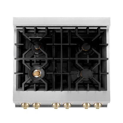 ZLINE Autograph Edition Kitchen Package in Stainless Steel with 30 in. Dual Fuel Range, 30 in. Range Hood, and 24 in. Dishwasher with Polished Gold Accents (3AKP-RARHDWM30-G)