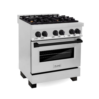 ZLINE Autograph Edition Kitchen Package with Stainless Steel 30 in. Dual Fuel Range, 30 in. Range Hood, and 24 in. Dishwasher with Matte Black Accents (3AKP-RARHDWM30-MB)