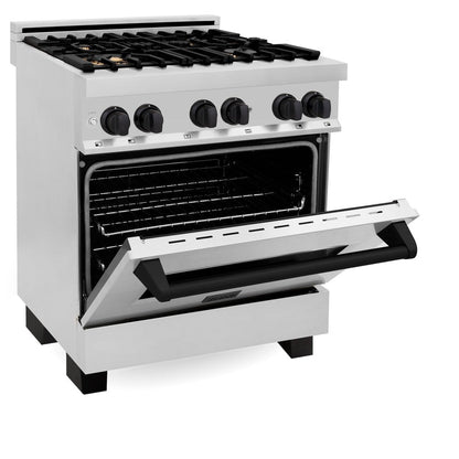ZLINE Autograph Edition 30 in. Kitchen Package with Stainless Steel Dual Fuel Range, Range Hood, Dishwasher and Refrigerator with Matte Black Accents (4KAPR-RARHDWM30-MB)