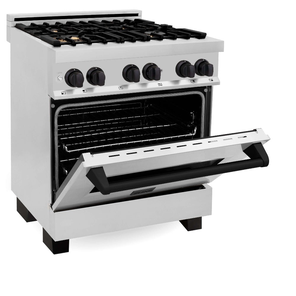 ZLINE Autograph Edition 30 in. Kitchen Package with Stainless Steel Dual Fuel Range, Range Hood, Dishwasher, and Refrigerator with External Water Dispenser with Matte Black Accents (4AKPR-RARHDWM30-MB)