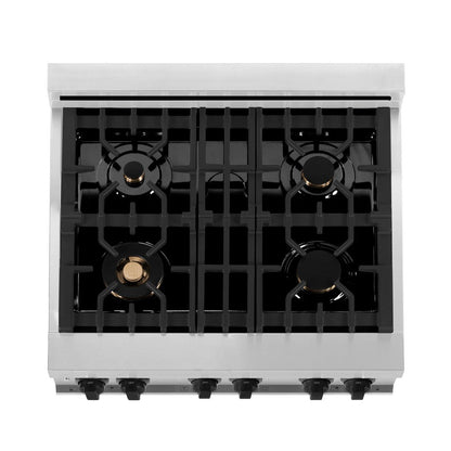 ZLINE Autograph Edition 30 in. Kitchen Package with Stainless Steel Dual Fuel Range, Range Hood, Dishwasher and Refrigerator with Matte Black Accents (4KAPR-RARHDWM30-MB)