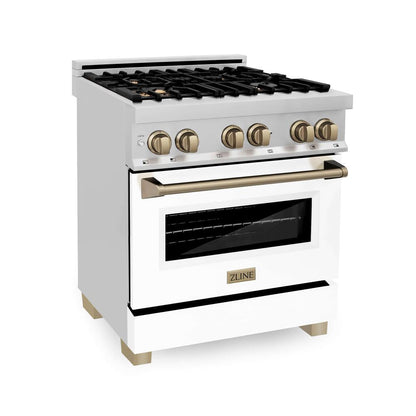 ZLINE Autograph Edition 30 in. Kitchen Package with Stainless Steel Dual Fuel Range with White Matte Door, Range Hood and Dishwasher with Champagne Bronze Accents (3AKP-RAWMRHDWM30-CB)