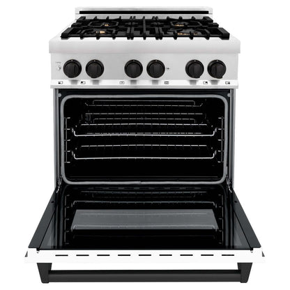 ZLINE Autograph Edition 30 in. Kitchen Package with Stainless Steel Dual Fuel Range with White Matte Door and Range Hood with Matte Black Accents (2AKP-RAWMRH30-MB)