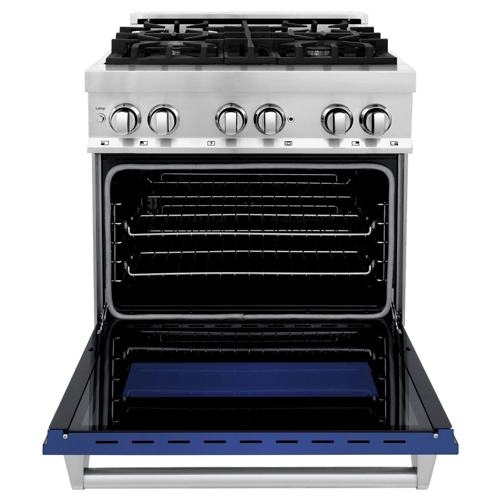 ZLINE 30 in. 4.0 cu. ft. Legacy Dual Fuel Range with 4 Burner Gas Cooktop and Electric Convection Oven in Stainless Steel and Blue Matte Door (RA-BM-30)