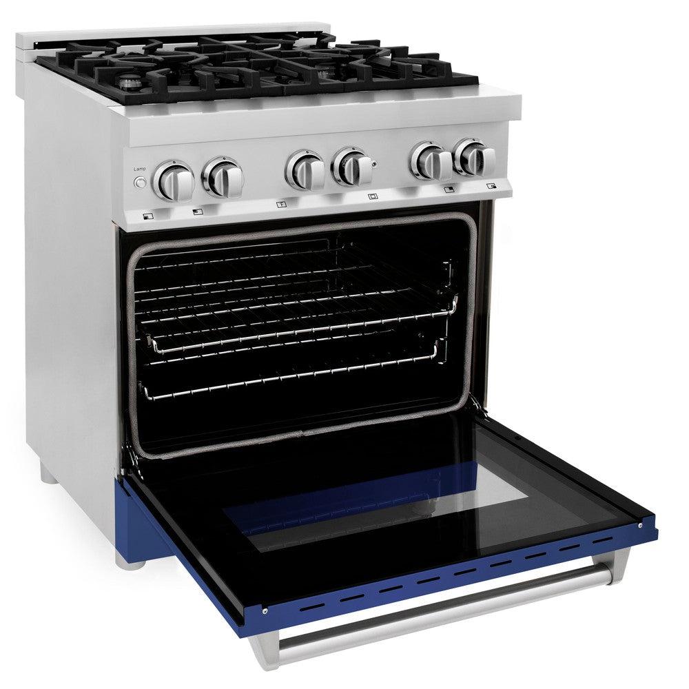 ZLINE 30 in. 4.0 cu. ft. Legacy Dual Fuel Range with 4 Burner Gas Cooktop and Electric Convection Oven in Stainless Steel and Blue Matte Door (RA-BM-30)