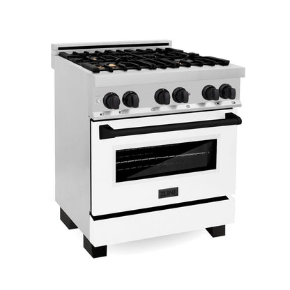 ZLINE Autograph Edition 30 in. 4.0 cu. ft. Legacy Dual Fuel Range with 4 Burner Gas Cooktop and Electric Convection Oven in Stainless Steel with White Matte Door and Matte Black Accents (RAZ-WM-30-MB)
