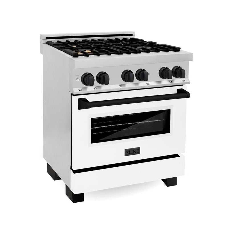 ZLINE Autograph Edition 30 in. 4.0 cu. ft. Legacy Dual Fuel Range with 4 Burner Gas Cooktop and Electric Convection Oven in Stainless Steel with White Matte Door and Matte Black Accents (RAZ-WM-30-MB)