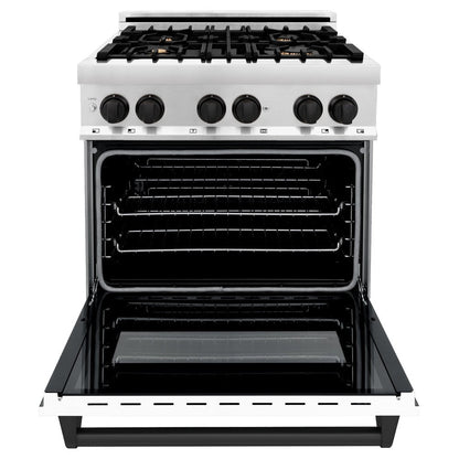 ZLINE Autograph Edition 30 in. 4.0 cu. ft. Legacy Dual Fuel Range with 4 Burner Gas Cooktop and Electric Convection Oven in Stainless Steel with White Matte Door and Matte Black Accents (RAZ-WM-30-MB)