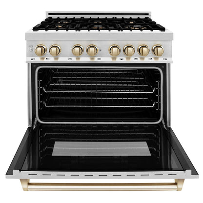 ZLINE Autograph Edition 36 in. 4.6 cu. ft. Legacy Dual Fuel Range with 6 Burner Gas Cooktop and Electric Convection Oven in Stainless Steel and Polished Gold Accents (RAZ-36-G)