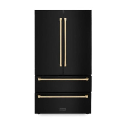 ZLINE Autograph Edition 36 in. Kitchen Package with Black Stainless Steel Dual Fuel Range, Range Hood, Dishwasher and Refrigerator Including Internal Water Dispenser with Champagne Bronze Accents (4AKPR-RABRHDWV36-CB)