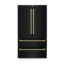 ZLINE Autograph Edition 36 in. 22.5 cu. ft. Counter-Depth French Door Refrigerator with Ice Maker in Fingerprint-Resistant Black Stainless Steel and Champagne Bronze Traditional Handles (RFMZ-36-BS-CB)