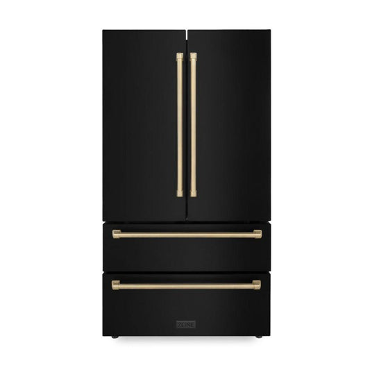 ZLINE Autograph Edition 36 in. 22.5 cu. ft. Counter-Depth French Door Refrigerator with Ice Maker in Fingerprint-Resistant Black Stainless Steel and Champagne Bronze Traditional Handles (RFMZ-36-BS-CB)