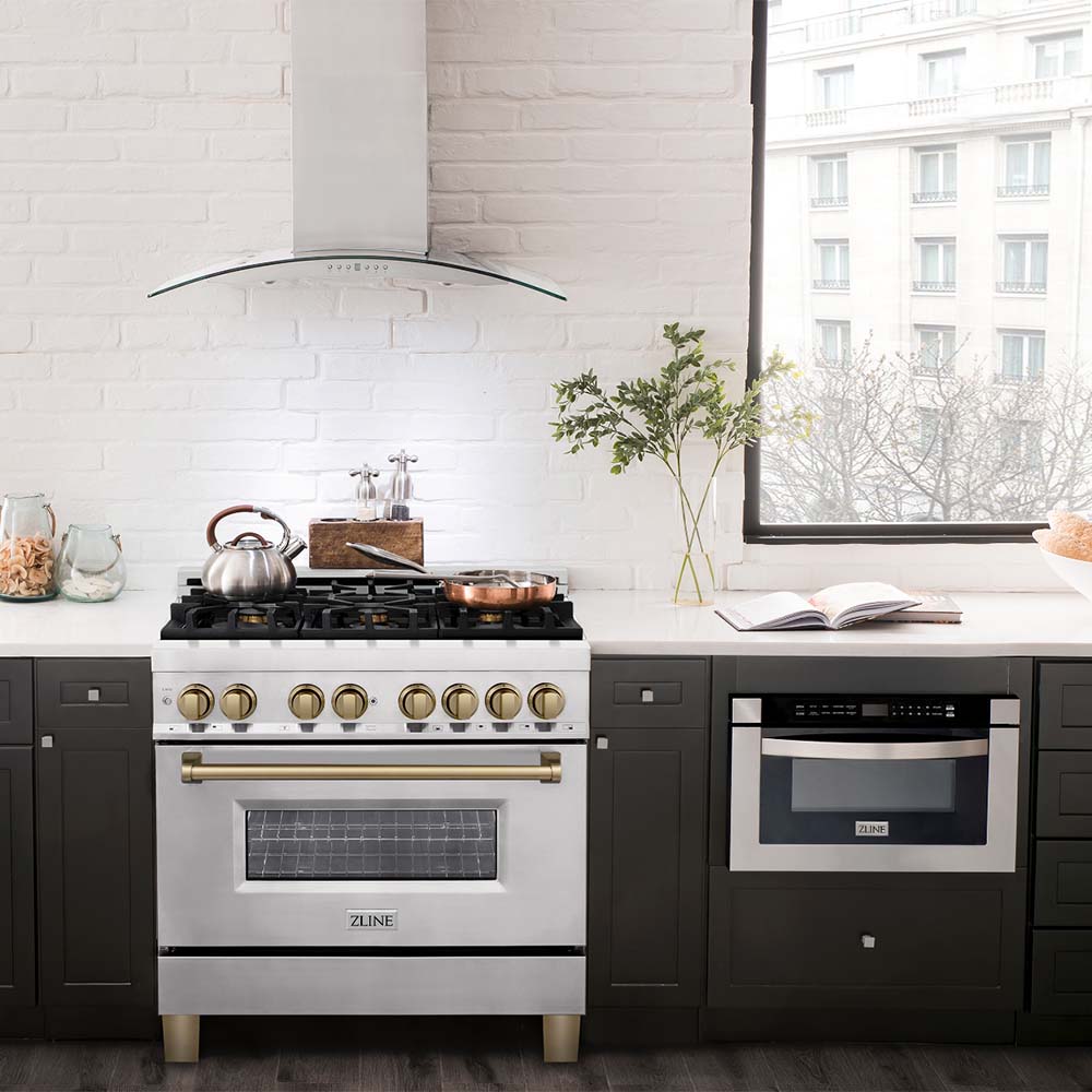 ZLINE Autograph Edition 36 in. 4.6 cu. ft. Legacy Dual Fuel Range with 6 Burner Gas Cooktop and Electric Convection Oven in Stainless Steel and Champagne Bronze Accents (RAZ-36-CB)