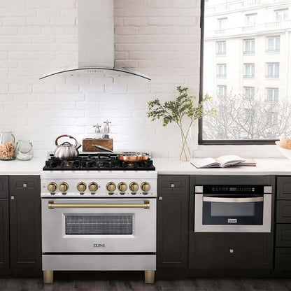 ZLINE Autograph Edition 36 in. 4.6 cu. ft. Legacy Dual Fuel Range with 6 Burner Gas Cooktop and Electric Convection Oven in Stainless Steel and Champagne Bronze Accents (RAZ-36-CB)