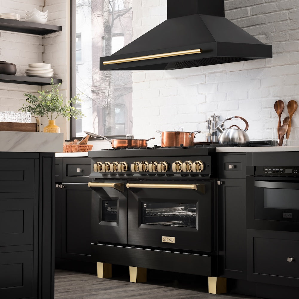 ZLINE Autograph Edition 48 in. Black Stainless Steel Range Hood with Polished Gold Handle (BS655Z-48-G)