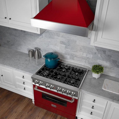 ZLINE 36 in. Ducted Satin Stainless Steel Wall Mount Range Hood with Red Gloss Shell (8654RG-36)