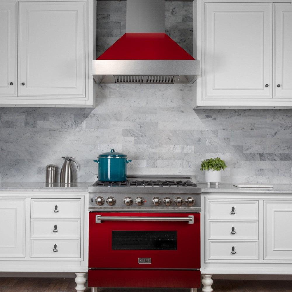 ZLINE 36 in. Ducted Satin Stainless Steel Wall Mount Range Hood with Red Gloss Shell (8654RG-36)