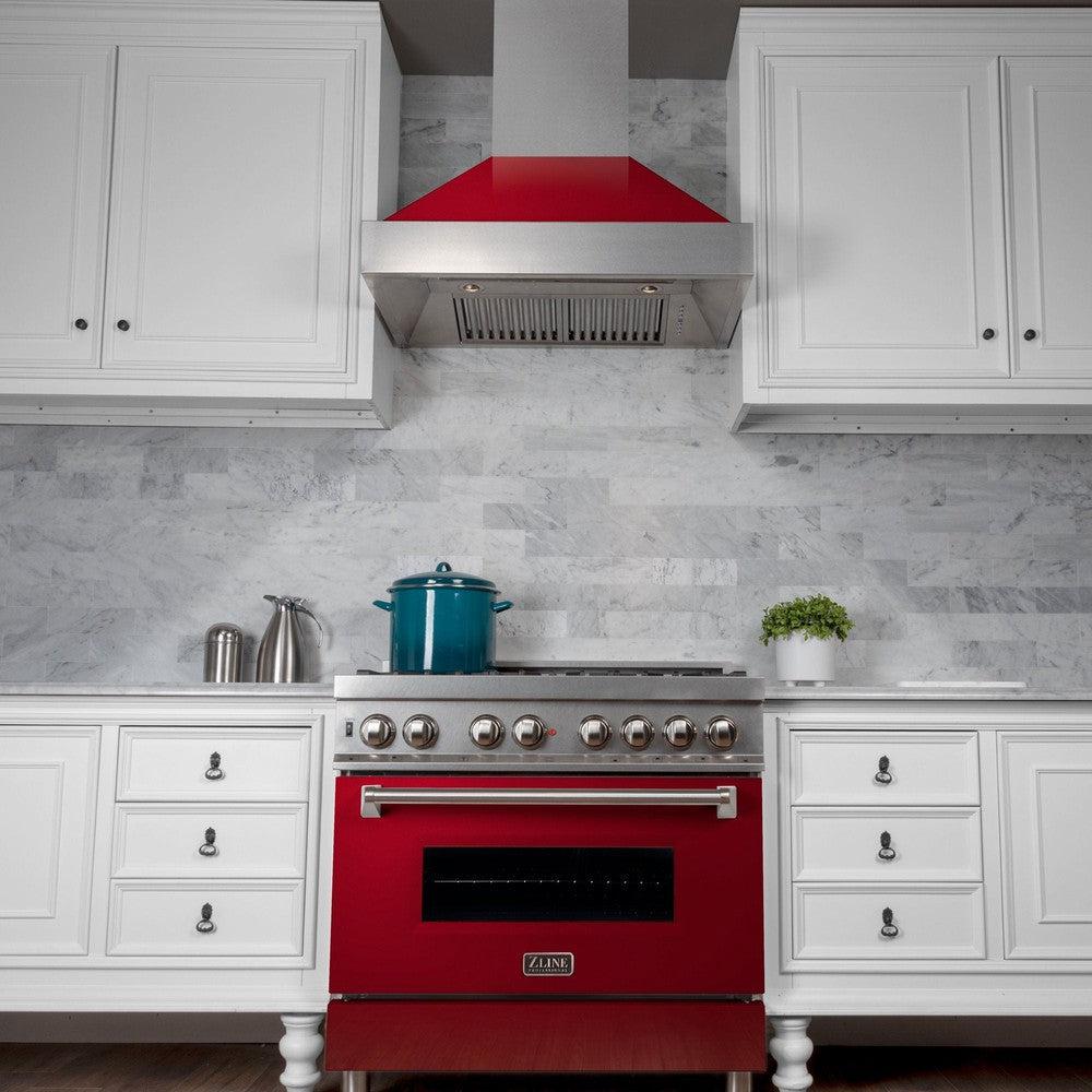 ZLINE 30 in. Ducted Satin Stainless Steel Wall Mount Range Hood with Red Gloss Shell (8654RG-30)