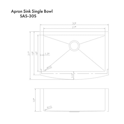 ZLINE 30 in. Zermatt Farmhouse Apron Mount Single Bowl Satin Stainless Steel Kitchen Sink with Bottom Grid (SAS-30S)